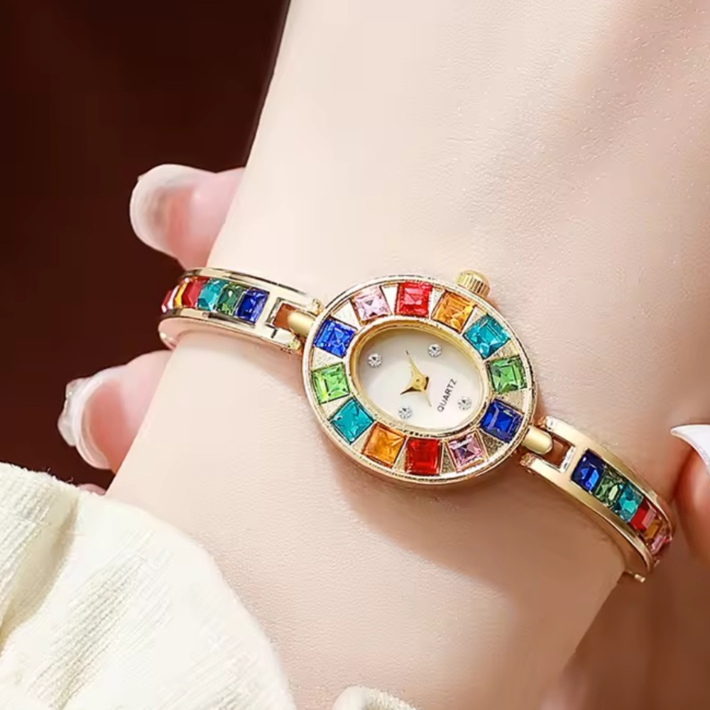 Colorful Gemstone Luxury Stainless Steel Gold-Tone Quartz Watch - Picture 3 of 3